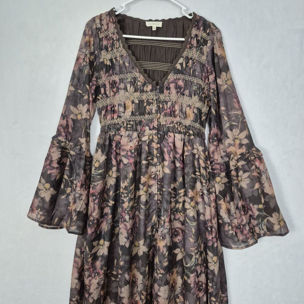 Promesa Small Brown Boho Blossoms Floral Bell-Sleeve Midi Dress Romantic Whimsy - Picture 7 of 12